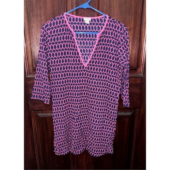 J. Crew Other - J.Crew Women's Tunic Swim Coverup XXS Navy Blue Pink Geometric Print 3/4 Sleeve
